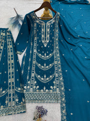 Exclusive Parrot Green Chinon Embroidery Work Palazzo Suit