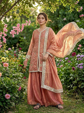 Amazing Green Silk with Embroidery Palazzo Suit