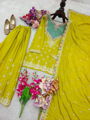 Stylish Chinon Silk Embroidery Work Sharara Suit
