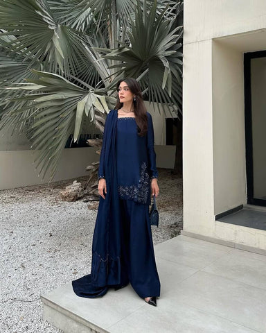 Stylish Blue Embroidery Sequence Work Sharara Suit