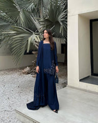 Stylish Blue Embroidery Sequence Work Sharara Suit