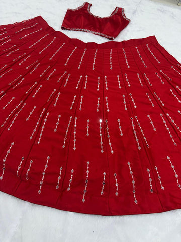Captivating Red Malai Satin Silk Embroidered Lehenga