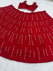 Captivating Red Malai Satin Silk Embroidered Lehenga