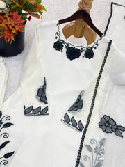 Imposing Cream Fendy Silk Thread Embroidered Kurti Set