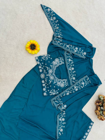 Exclusive Teal Blue Silk Embroidery Work Skirt With Top