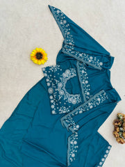 Exclusive Teal Blue Silk Embroidery Work Skirt With Top
