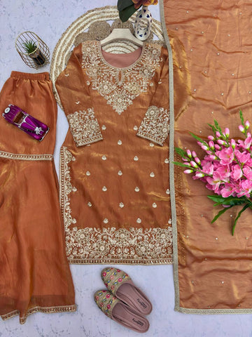 Exclusive Brown Heavy Fandy Silk Embroidery Work Sharara Suit