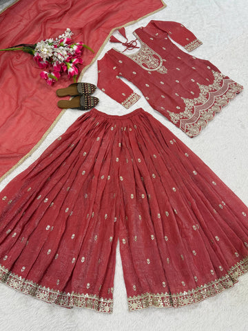 Charming Red Heavy Sequence Work Sharara Suit