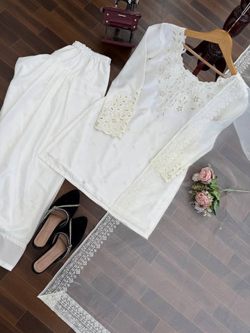 Amazing White Natural Crep Thread with Sequence Work Sharara Suit