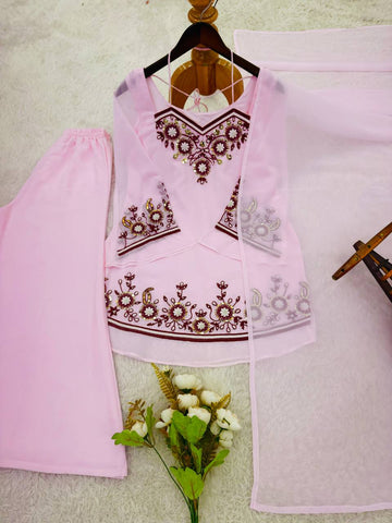 Lovely Pink Heavy Faux Georgette Embroidered Palazzo Suit