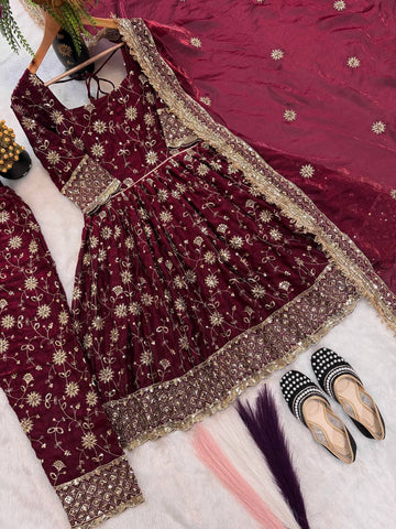 Stunning Maroon Heavy Fandy Silk Embroidery Work Gown