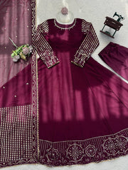 Fabulous Maroon Faux Georgette Thread and Sequence Work Gown