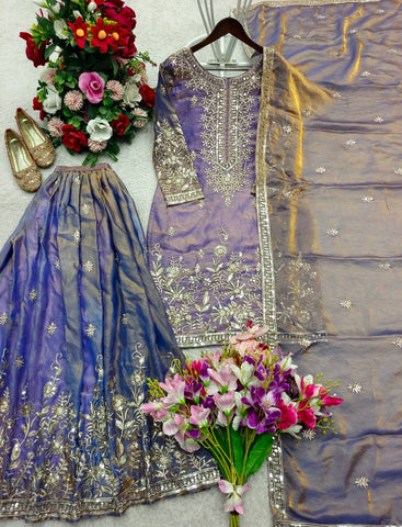 Lovely Lavender Silk Embroidery Work Sharara Suit