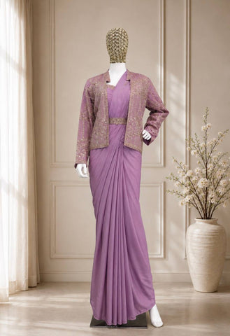 Exclusive Peach Heavy Crep Silk Embroidery Work Saree