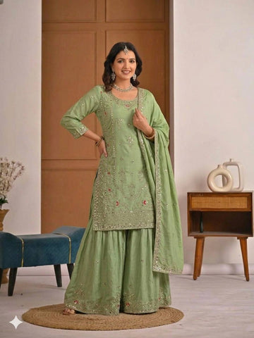 Beautiful Orange Natural Crep Embroidered Sharara Suit