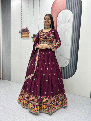 Charming Purple Chinon Embroidery Work Lehenga Choli