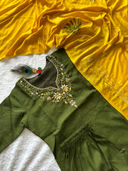 Attractive Green Premium Roman Silk Hand Work Kurti Set