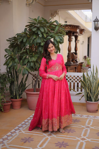 Amazing Pink Russian Silk Embroidery Work Anarkali Suit