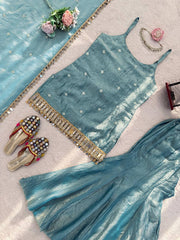 Blue Fendy Silk Thread Work Sharara Suit