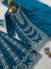 Exclusive Parrot Green Chinon Embroidery Work Palazzo Suit