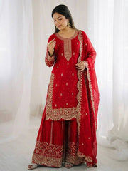 Captivating Orange Fendy Silk Embroidery Palazzo Suit