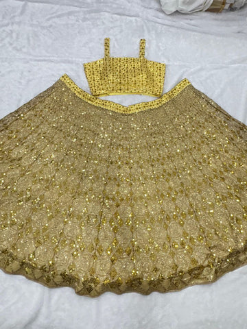 Captivating Yellow Butterfly Net Embroidery Work Lehenga
