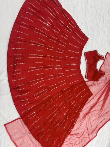 Captivating Red Malai Satin Silk Embroidered Lehenga