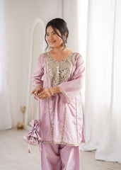 Innovative Pink Mirror Embroidery Kurti Set