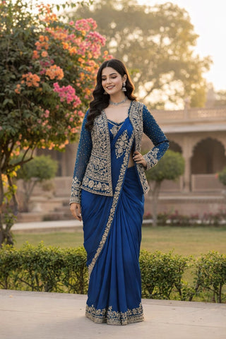 Exclusive Pink Heavy Crep Silk Embroidery Sequence Saree Set