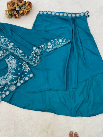 Exclusive Teal Blue Silk Embroidery Work Skirt With Top