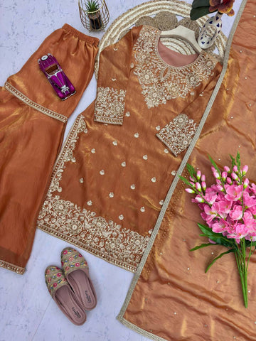 Exclusive Brown Heavy Fandy Silk Embroidery Work Sharara Suit