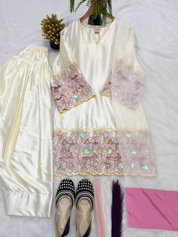 Exclusive Cream Silk with Moti Hand Work Sharara Suit