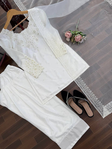 Amazing White Natural Crep Thread with Sequence Work Sharara Suit