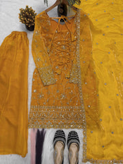 Exclusive Mustard Silk Thread Work Sharara Suit