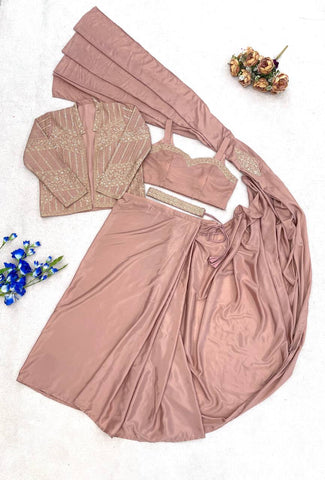 Exclusive Peach Heavy Crep Silk Embroidery Work Saree