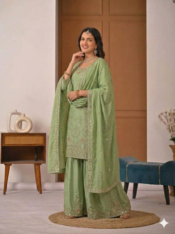 Beautiful Orange Natural Crep Embroidered Sharara Suit