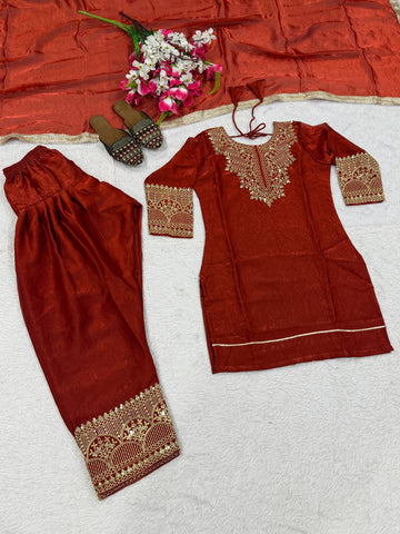 Brown Heavy Embroidery Work Sharara Suit