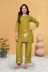 Alluring Green Heavy Viscose Rayon with Multi Embroidery Thread Work Co-Ords Set