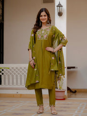 Alluring Rust Pure Viscose Mango Silk Multi Embroidery Work Kurti Set