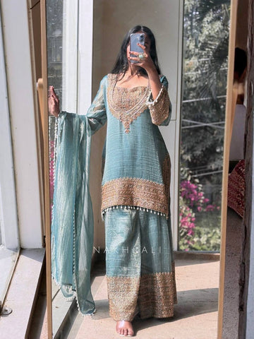Marvelous Heavy Crunchy Silk Embroidery Sharara Suit