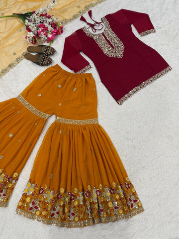 Stunning Green Faux Georgette Silk Embroidery Sharara Suit