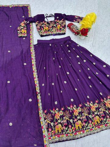 Charming Purple Chinon Embroidery Work Lehenga Choli