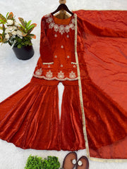Red Fendy Silk with Sequence Work Sharara Suit