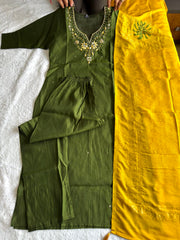 Attractive Green Premium Roman Silk Hand Work Kurti Set