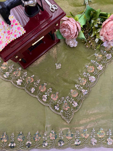 Trending Sequence Work Mehndi Green Silk Saree