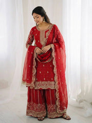 Captivating Orange Fendy Silk Embroidery Palazzo Suit