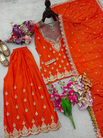 Stylish Chinon Silk Embroidery Work Sharara Suit