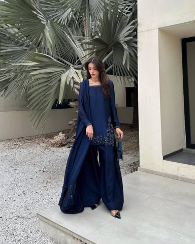 Stylish Blue Embroidery Sequence Work Sharara Suit