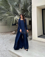 Stylish Blue Embroidery Sequence Work Sharara Suit