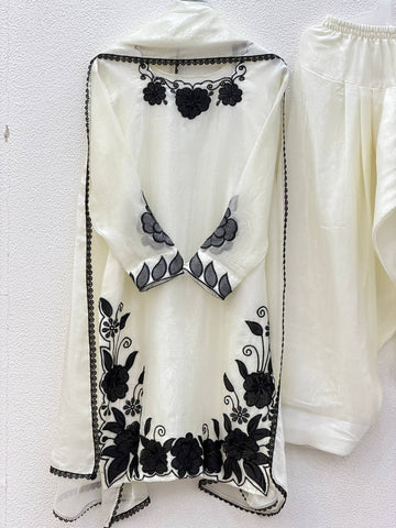 Imposing Cream Fendy Silk Thread Embroidered Kurti Set